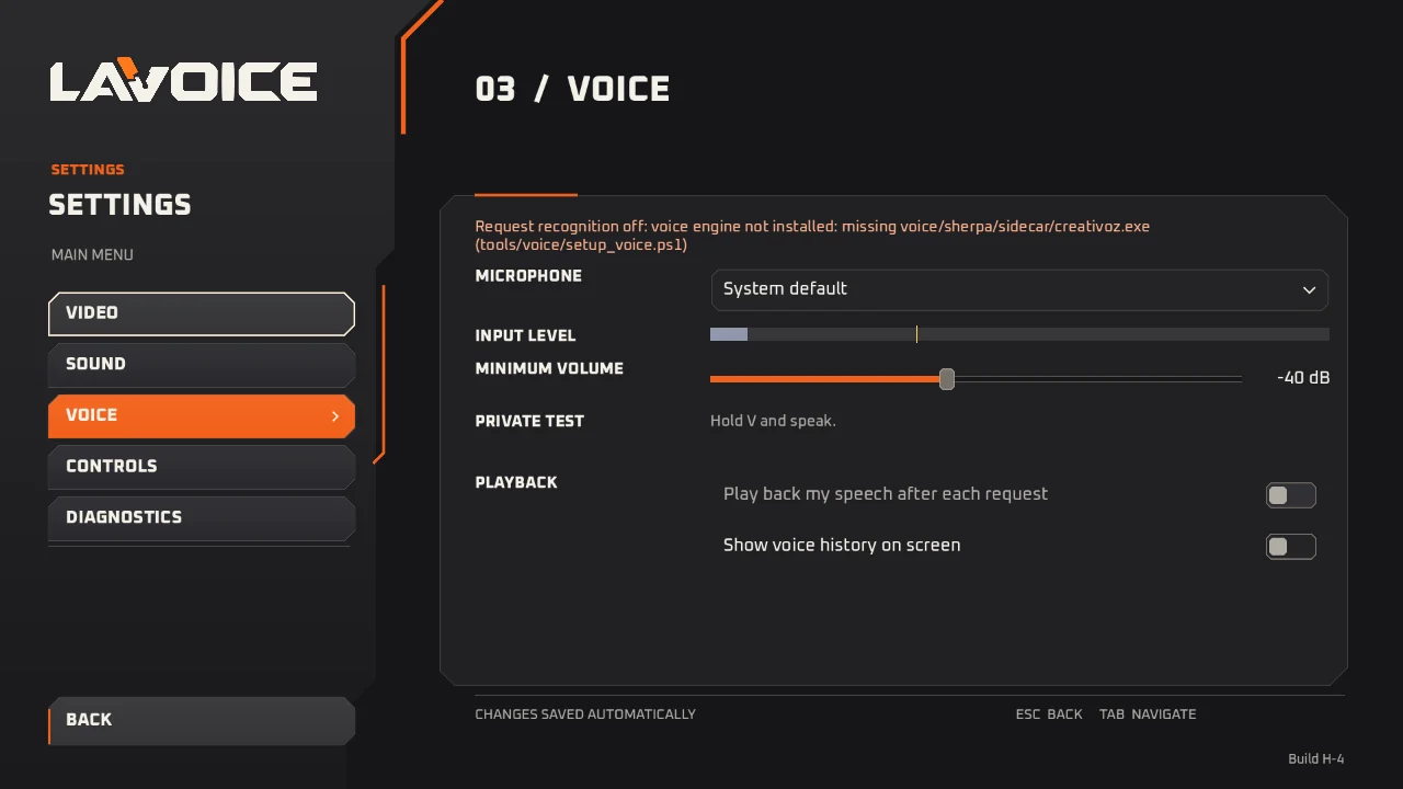 Settings page showing the voice panel with microphone, input level, minimum volume and playback options
